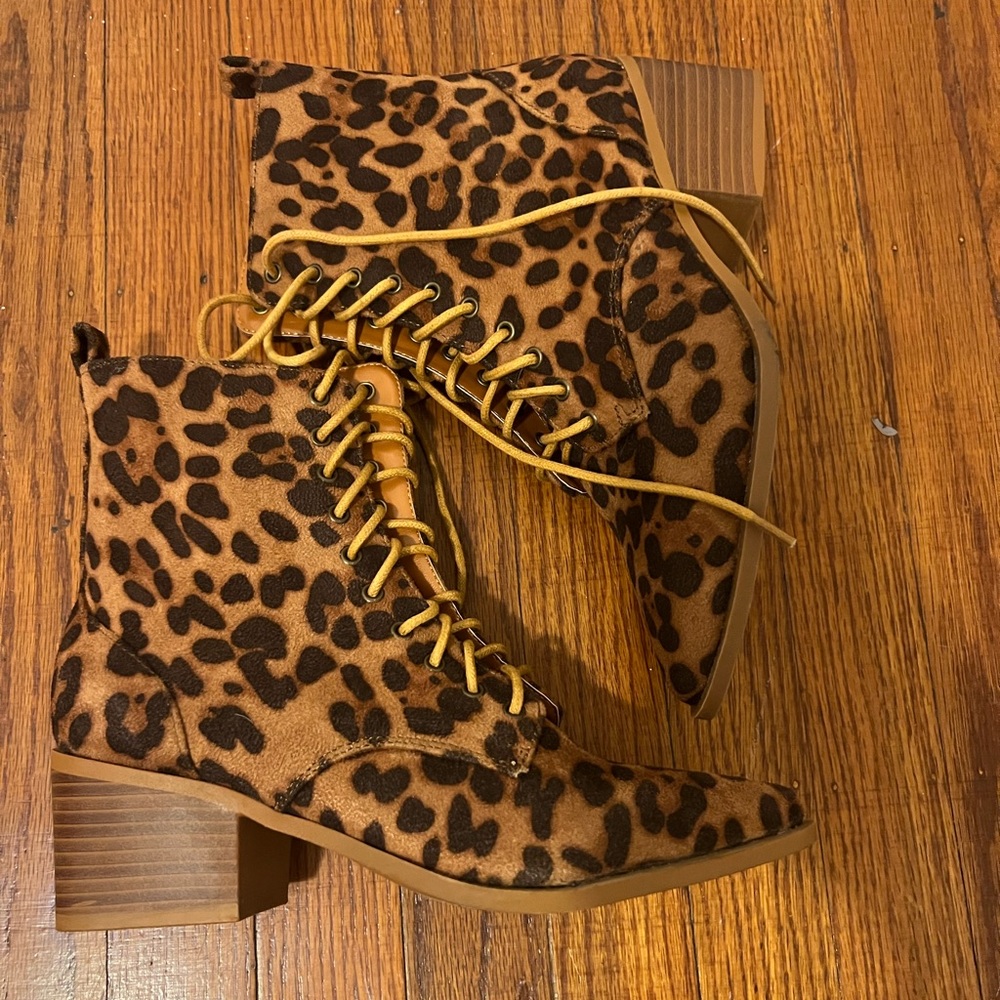 Leopard Print Lace Up Ankle Boots